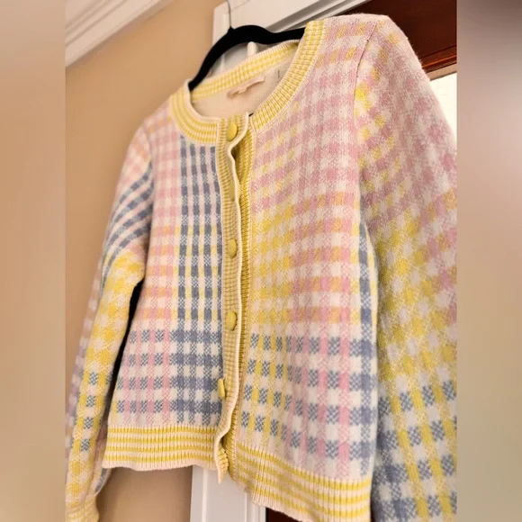 LoveShackFancy $475 Keoni Button Down Cardigan Sweater, Mint Jelly Small plaid - Picture 5 of 9